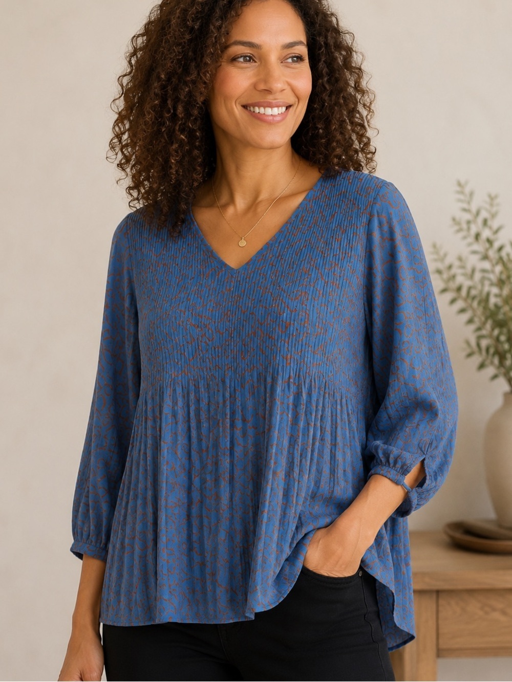 Nine West Balloon Sleeves Pleated Blue and Brown Blouse